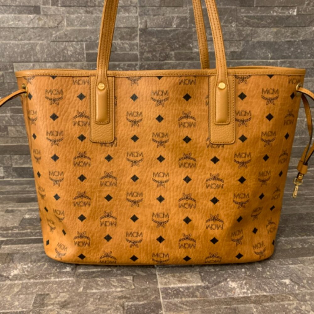 MCM Visetos Liz Reversible Shopper Medium Tote Cognac
